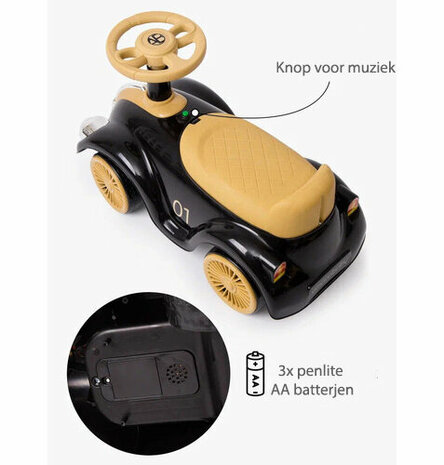 Loopauto Classic Luxury Retro Car - 55CM - Zwart - muziek en lichtjes