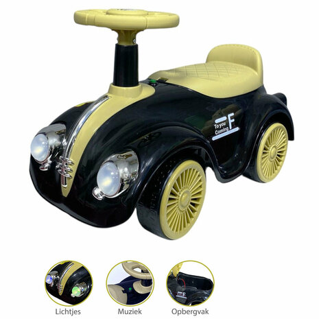 Loopauto Classic Luxury Retro Car - 55CM - Zwart - muziek en lichtjes