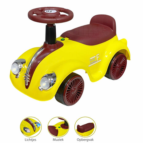 Loopauto Classic Luxury Retro Car - 55CM - Geel - muziek en lichtjes
