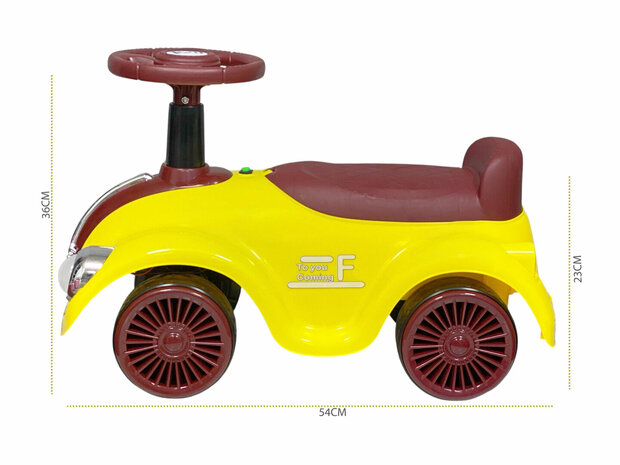 Loopauto Classic Luxury Retro Car - 55CM - Geel - muziek en lichtjes