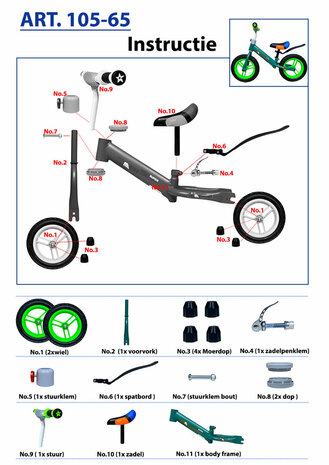 Kinderloopfiets 80 cm - Groen - rubber banden - Mengele Baby - vanaf 1 jaar