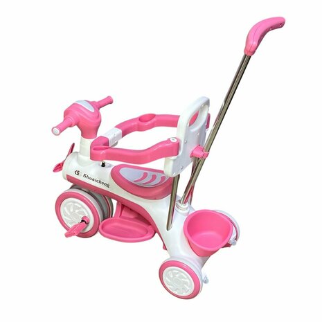 Kinder driewieler met duwstang - Muziek en Licht - Wit - Roze