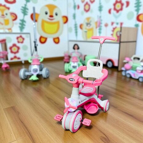 Kinder driewieler met duwstang - Muziek en Licht - Wit - Roze