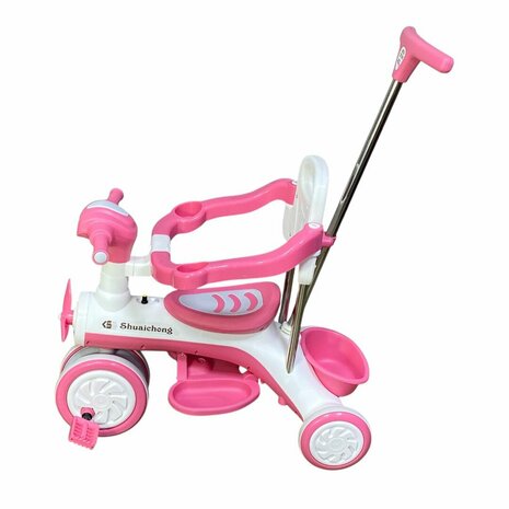Kinder driewieler met duwstang - Muziek en Licht - Wit - Roze