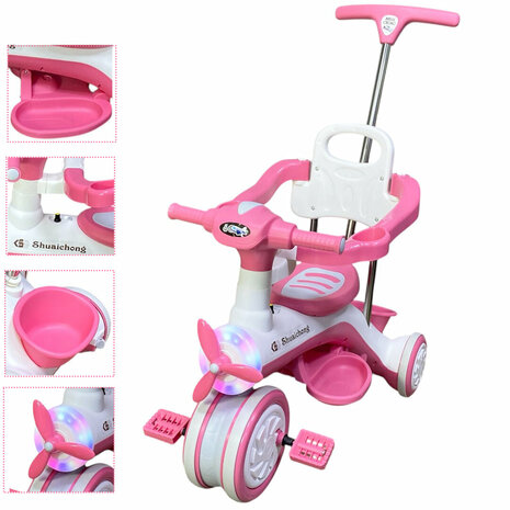 Kinder driewieler met duwstang - Muziek en Licht - Wit - Roze
