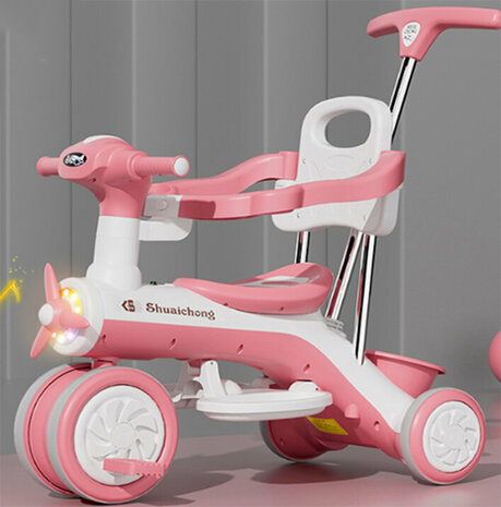 Kinder driewieler met duwstang - Muziek en Licht - Wit - Roze