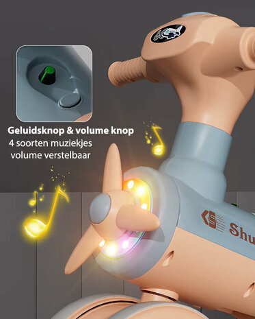 Kinder driewieler met duwstang - Muziek en Licht - Blauw - Bruin