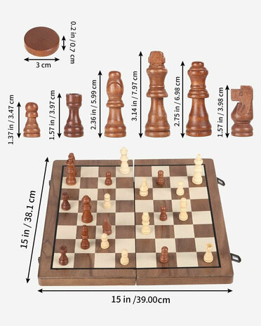Schaak en Dambord - Luxe Magnetische Speelbord - 39cm Inklapbare 2-in-1 Houten schaak Set
