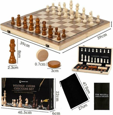 Schaak- en Dambord Magnetische - 39x39 - Inklapbare 2-in-1 Hout - Met ReisTas