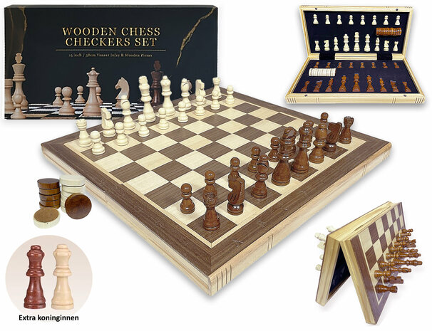 Schaak- en Dambord Luxe Magnetische 2-in-1 - Eikenhout - inklapbaar schaakbord - Wooden Chess Checkers set 