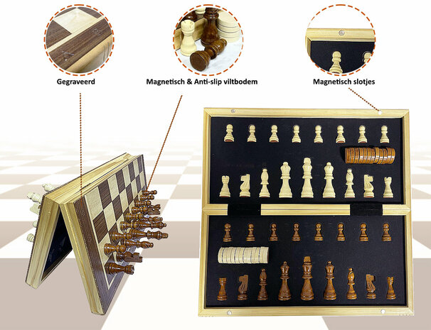 Schaak- en Dambord Luxe Magnetische 2-in-1 - Eikenhout - inklapbaar schaakbord - Wooden Chess Checkers set 