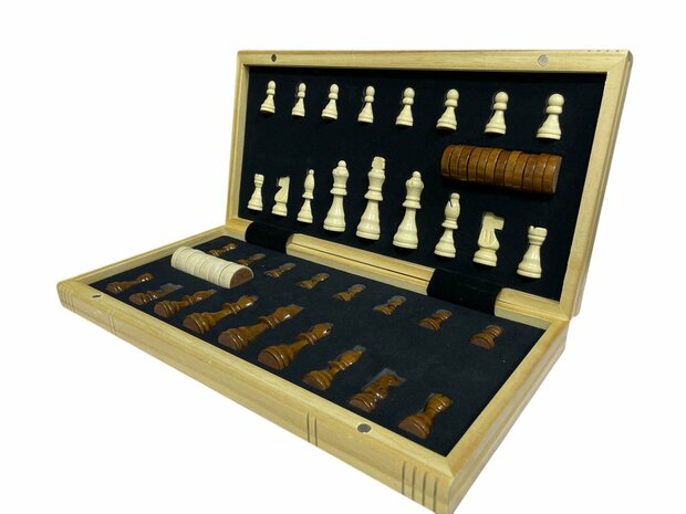 Schaak- en Dambord Luxe Magnetische 2-in-1 - Eikenhout - inklapbaar schaakbord - Wooden Chess Checkers set 