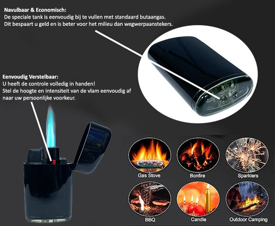 Turbo Wind Aanstekers - turbo vlam - 4 branders - Piano Black