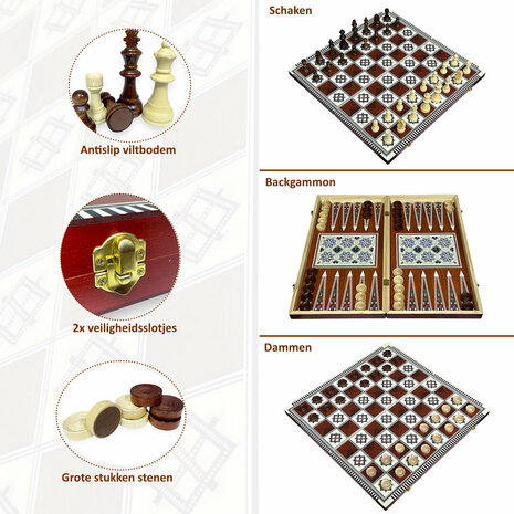 Backgammon - Dammen en Schaakbord- 3 in 1 set - 49X49CM - Hout - Opklapbaar bord