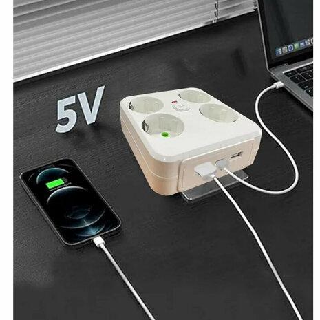 Multiprise, sans rallonge, avec 4 prises et 2 ports USB 1 Type-C (europ&eacute;en)
