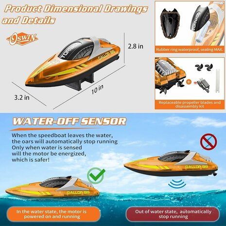 Gallop RC Speedboot &ndash; LED-verlichting, Hoge Snelheid - 2.4GHZ  Tornado boat Orange
