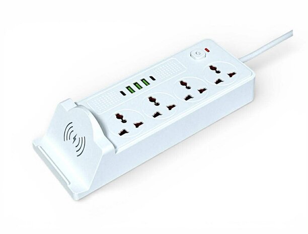 Universal power strip with 4 sockets and 3 USB inputs - 2 USB-C 20W + wireless charger for mobile devices