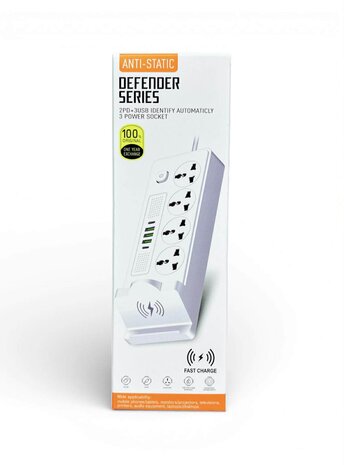 Universal power strip with 4 sockets and 3 USB inputs - 2 USB-C 20W + wireless charger for mobile devices