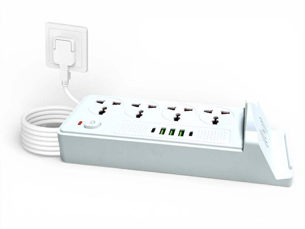 Universal power strip with 4 sockets and 3 USB inputs - 2 USB-C 20W + wireless charger for mobile devices