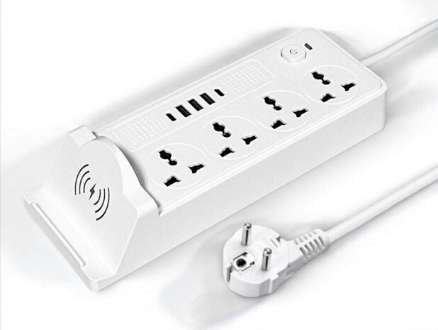 Universal power strip with 4 sockets and 3 USB inputs - 2 USB-C 20W + wireless charger for mobile devices