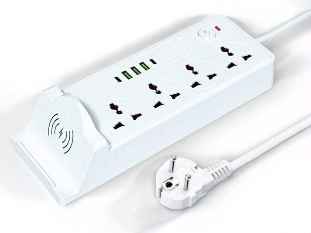 Universal power strip with 4 sockets and 3 USB inputs - 2 USB-C 20W + wireless charger for mobile devices