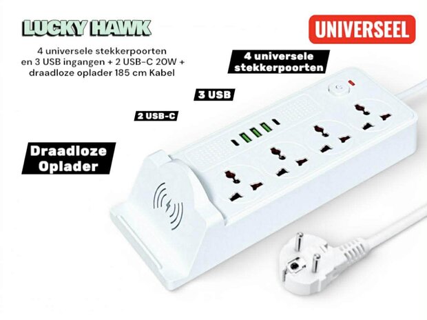 Universal power strip with 4 sockets and 3 USB inputs - 2 USB-C 20W + wireless charger for mobile devices