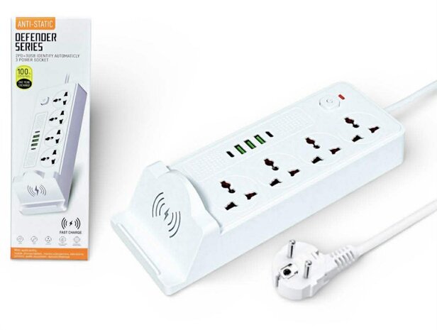 Universal power strip with 4 sockets and 3 USB inputs - 2 USB-C 20W + wireless charger for mobile devices
