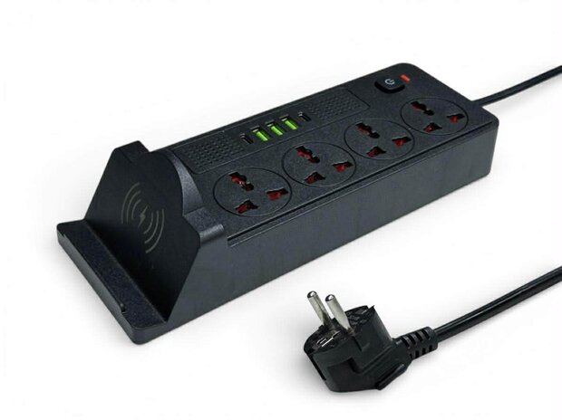 Universal power strip with 4 sockets and 3 USB inputs - 2 USB-C 20W + wireless mobile phone charger