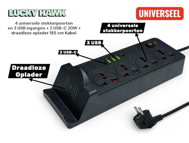 Universal power strip with 4 sockets and 3 USB inputs - 2 USB-C 20W + wireless mobile phone charger