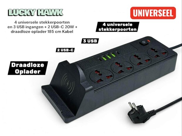 Universal power strip with 4 sockets and 3 USB inputs - 2 USB-C 20W + wireless mobile phone charger