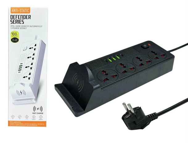 Universal power strip with 4 sockets and 3 USB inputs - 2 USB-C 20W + wireless mobile phone charger