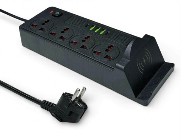 Universal power strip with 4 sockets and 3 USB inputs - 2 USB-C 20W + wireless mobile phone charger