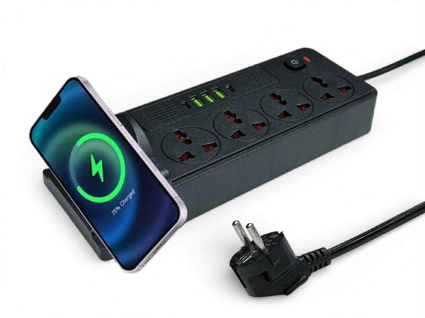 Universal power strip with 4 sockets and 3 USB inputs - 2 USB-C 20W + wireless mobile phone charger