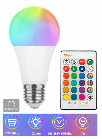 LED RGBW Kleurveranderende Lamp &ndash; E27 &ndash; 7W &ndash; met Afstandsbediening