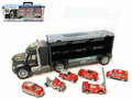Camion de transport de camion de pompiers - mini camions de pompiers jouets - valise de 6 pi&egrave;ces - Remorque pour 12 camions de pompiers - 39cm