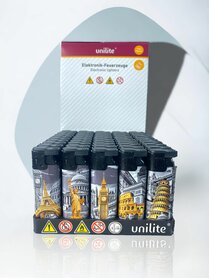 Elektrische Turbo Aanstekers 50 stuks - navulbaar - monumenten print - Unilite ®