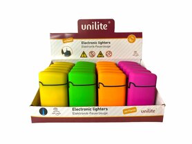 Briquet turbo 20 pièces en présentoir - 4 ass. Jet Flamme Unilite.