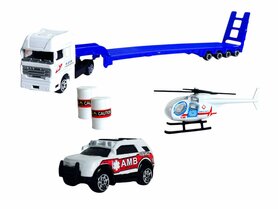 Truck Ambulance + Car and Helicopter - DIE-CAST - Car Transporter + 2 Mini Cars 3in1