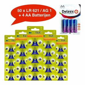 Batterijen AG 1 / 364A Alkaline - 5 x 10 strips - 50 stuks knoopcel + 4 stuks AA Deleex