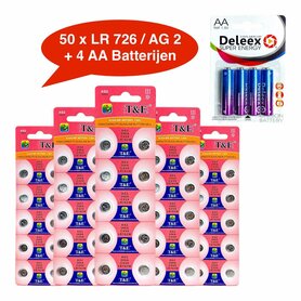 Batterijen AG 2 / 396A Alkaline - 5 x 10 strips - 50 stuks knoopcel + 4 stuks AA Deleex