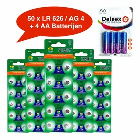 Batterijen AG 4 / 377A Alkaline - 5 x 10 strips - 50 stuks knoopcel + 4 stuks AA Deleex