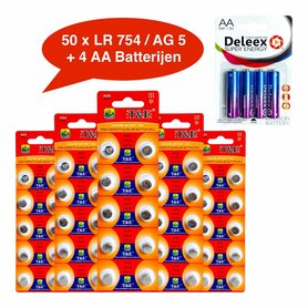 Batterijen AG 5 / 393A Alkaline - 5 x 10 strips - 50 stuks knoopcel + 4 stuks AA Deleex
