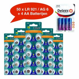 Batterijen AG 6 / LR69 Alkaline - 5 x 10 strips - 50 stuks knoopcel + 4 stuks AA Deleex