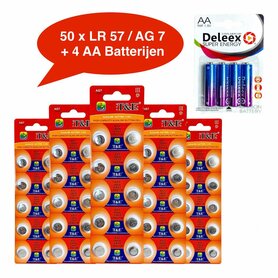 Batterijen AG 7 / LR69 Alkaline - 5 x 10 strips - 50 stuks knoopcel + 4 stuks AA Deleex
