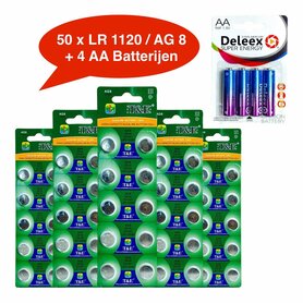 Batterijen AG 8 / LR55 Alkaline - 5 x 10 strips - 50 stuks knoopcel + 4 stuks AA Deleex