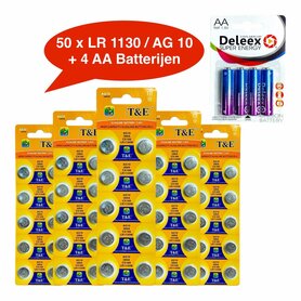 Batterijen AG 10 / LR1130W Alkaline - 5 x 10 strips - 50 stuks knoopcel + 4 stuks AA Deleex