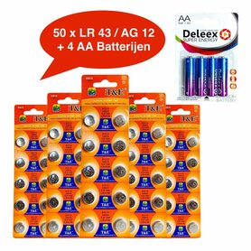 Batterijen AG 12 / LR43 Alkaline - 5 x 10 strips - 50 stuks knoopcel + 4 stuks AA Deleex
