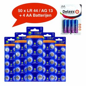 Batterijen AG 13 / LR44 Alkaline - 5 x 10 strips - 50 stuks knoopcel + 4 stuks AA Deleex