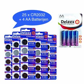 Batterijen CR2032 super lithium - 5 x 5 strips - 25 stuks knoopcel + 4 stuks AA Deleex