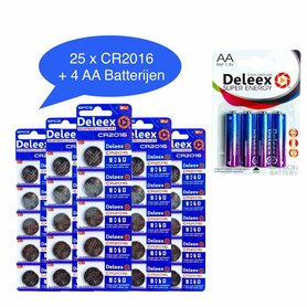 Batterijen CR2016 super lithium - 5 x 5 strips - 25 stuks knoopcel + 4 stuks AA Deleex
